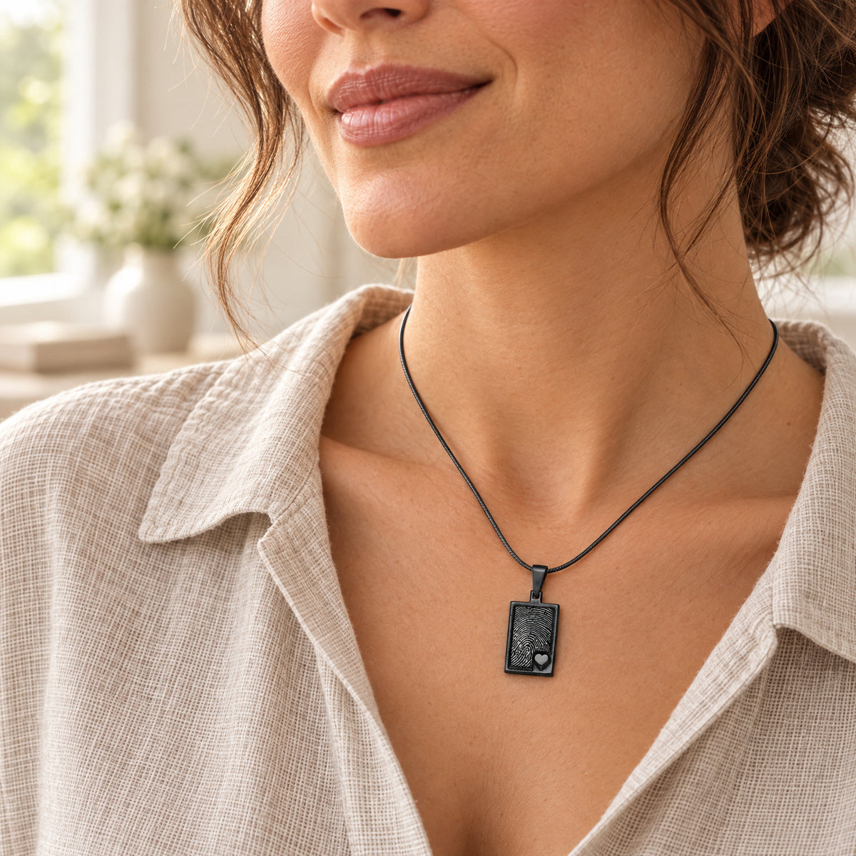 Black Plated Sterling Raised Fingerprint Rectangle Necklace — lifestyle