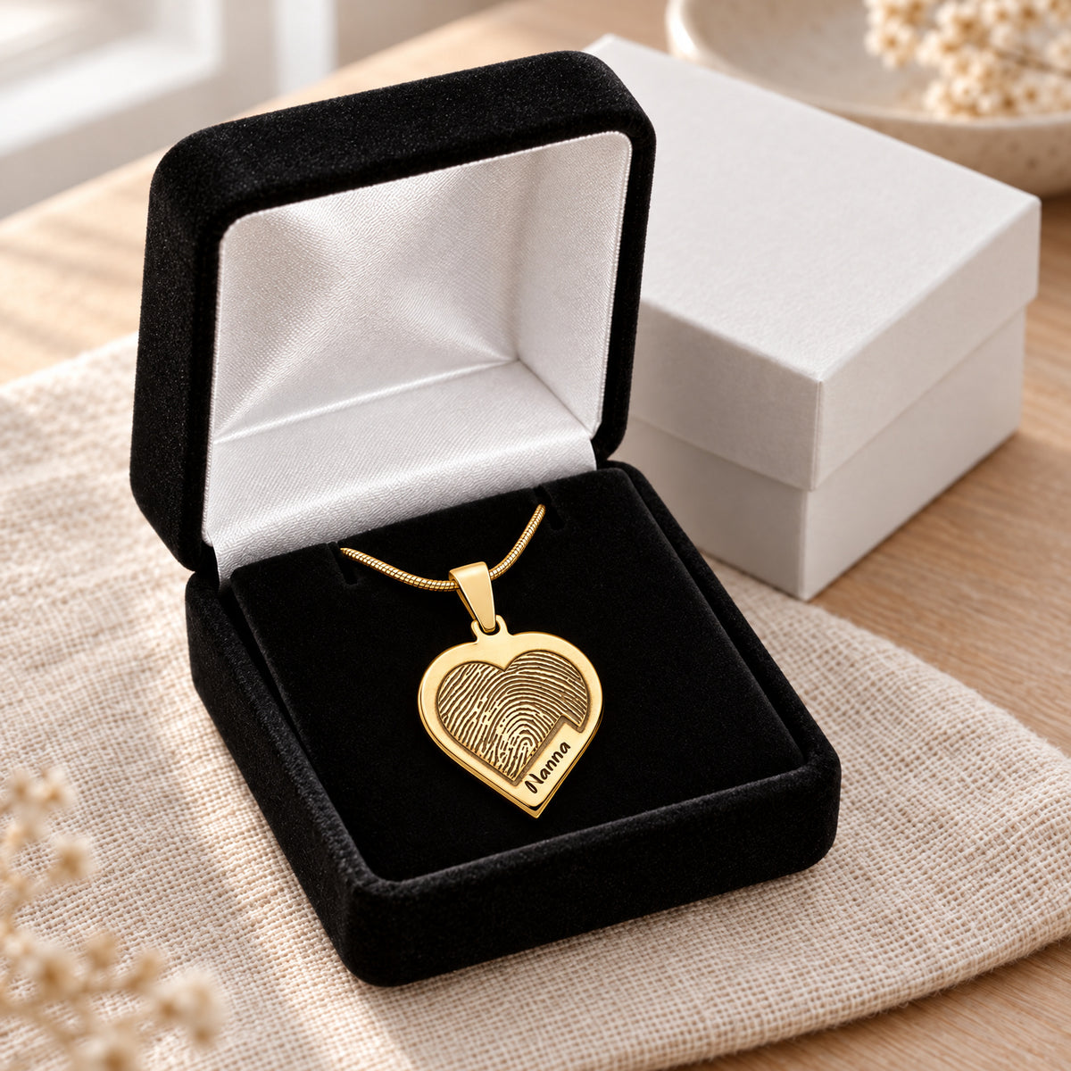 Raised Solid 14K Gold Heart Fingerprint Necklace — gift box