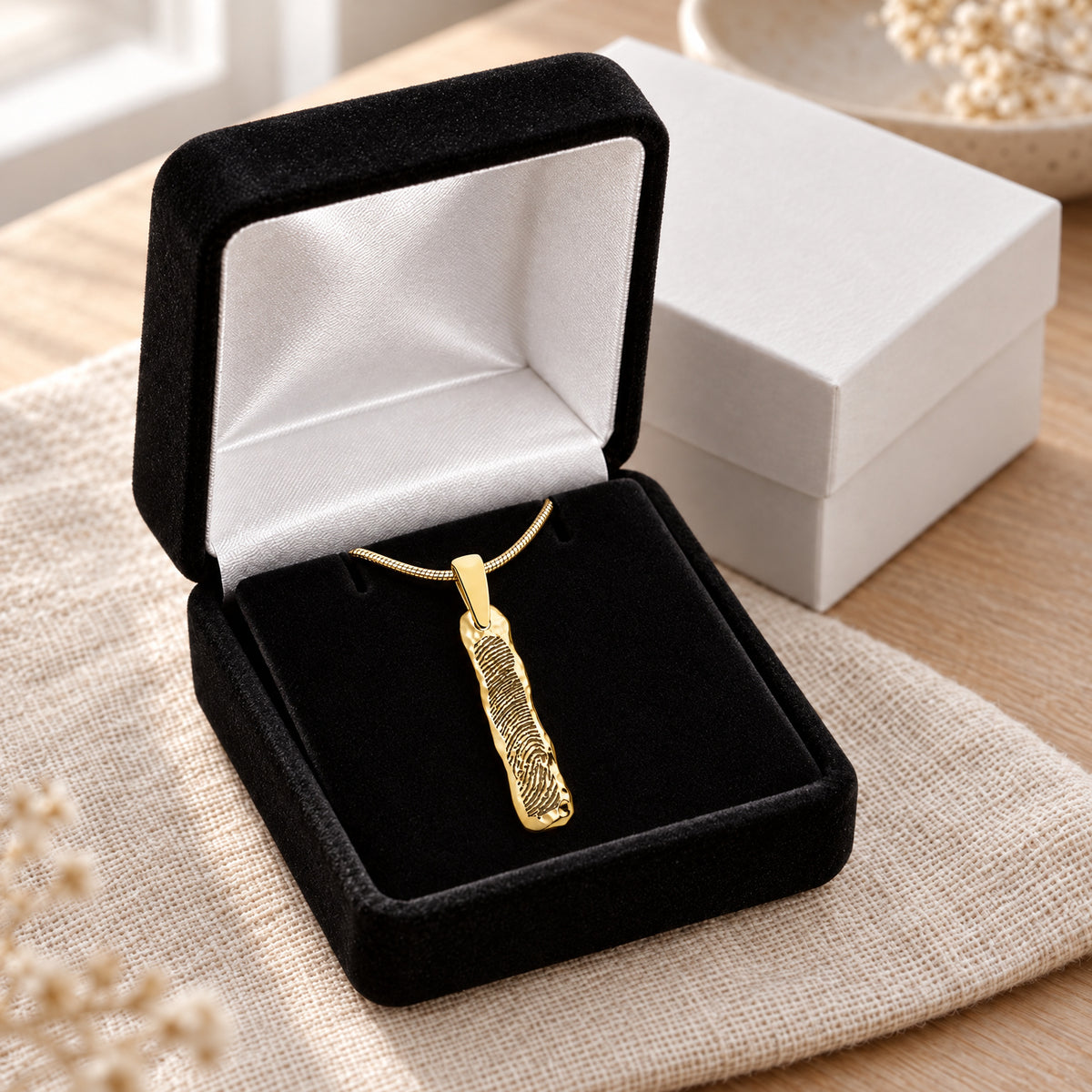Gold Plated Sterling Silver Textured Bar Fingerprint Necklace — gift box
