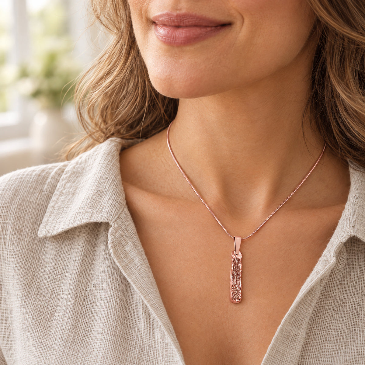 Rose Gold Plated Sterling Silver Textured Bar Fingerprint Necklace — lifestyle