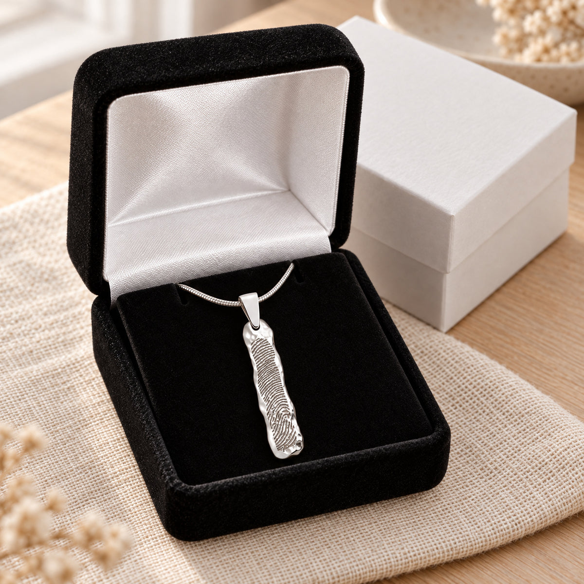 Sterling Silver Textured Bar Fingerprint Necklace — gift box