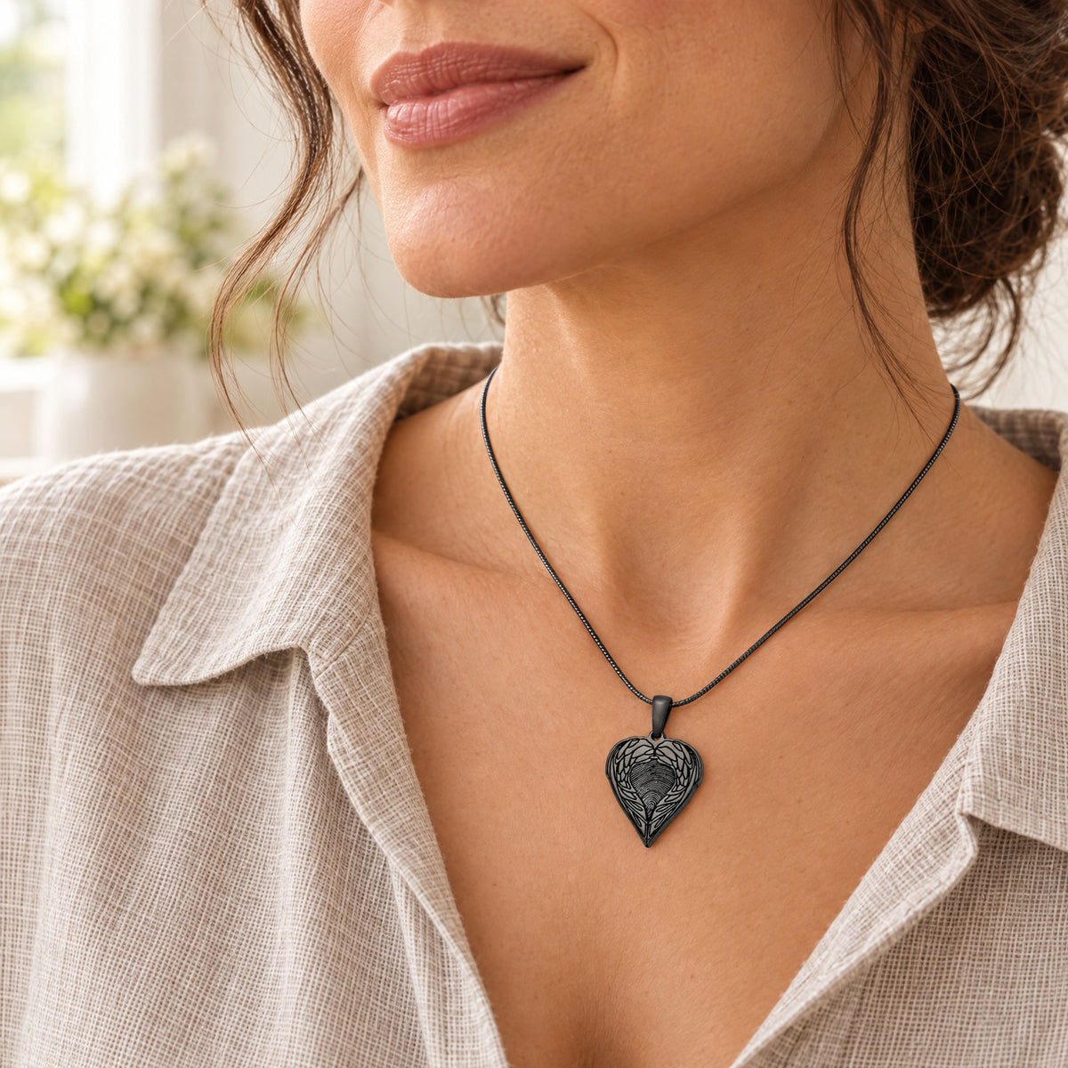 Black Plated Angel Wings Sterling Fingerprint Necklace — lifestyle