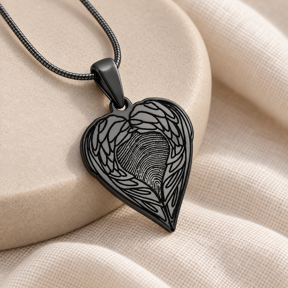 Black Plated Angel Wings Sterling Fingerprint Necklace — alternate view