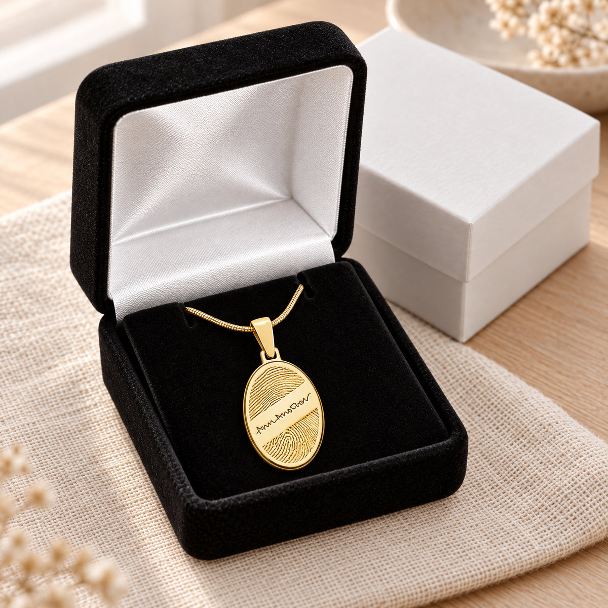 Gold Plated Sterling Oval with Signature Fingerprint Necklace — gift box