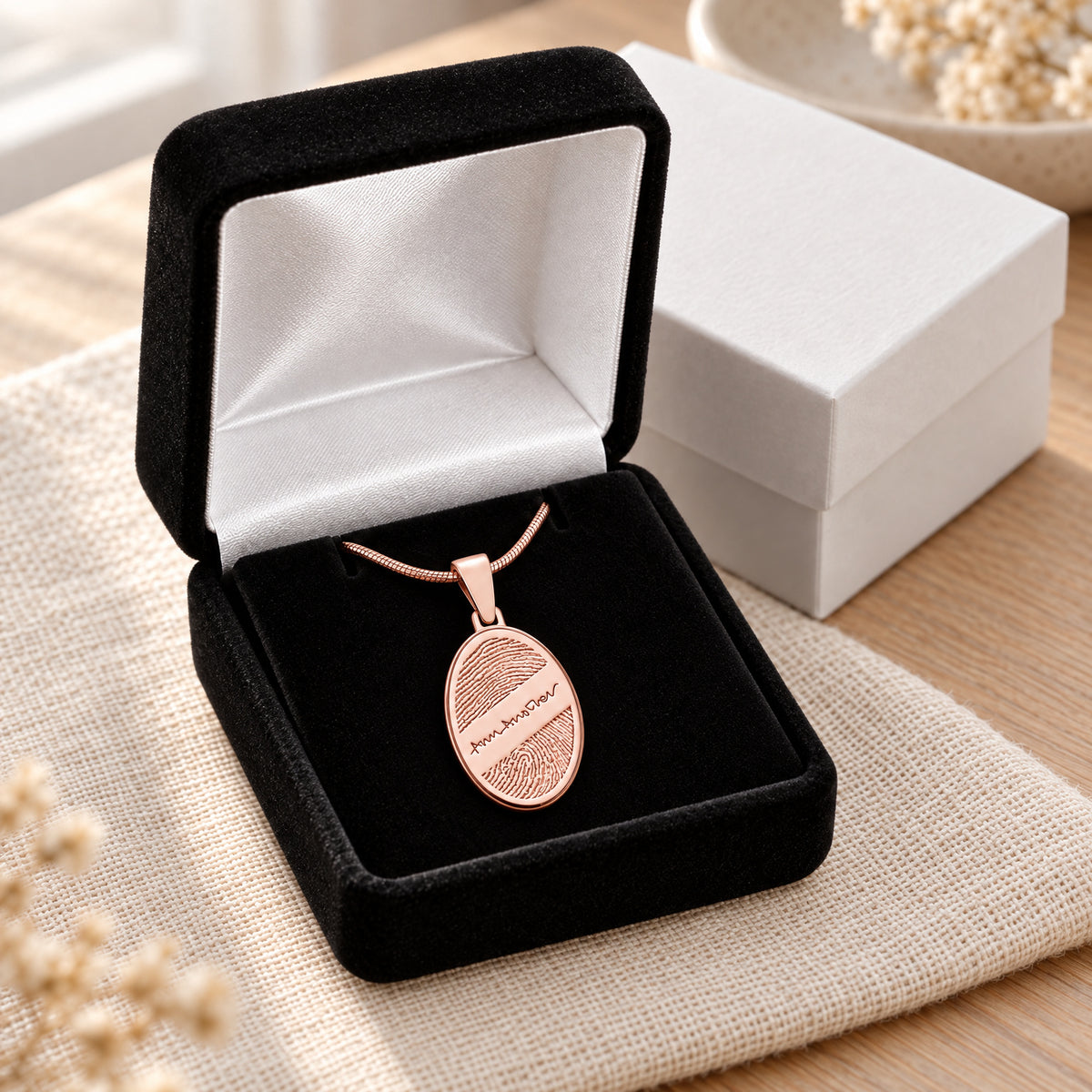 Rose Gold Plated Sterling Oval with Signature Fingerprint Necklace — gift box
