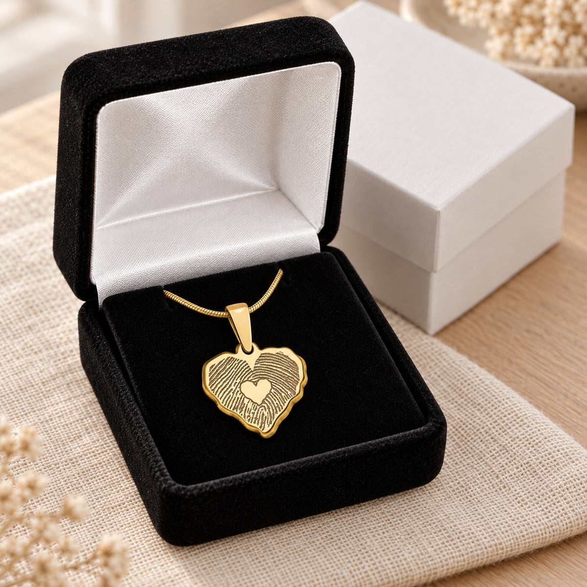 Gold Plated Petite Cut Sterling Heart Fingerprint Necklace with Signature on Back — gift box