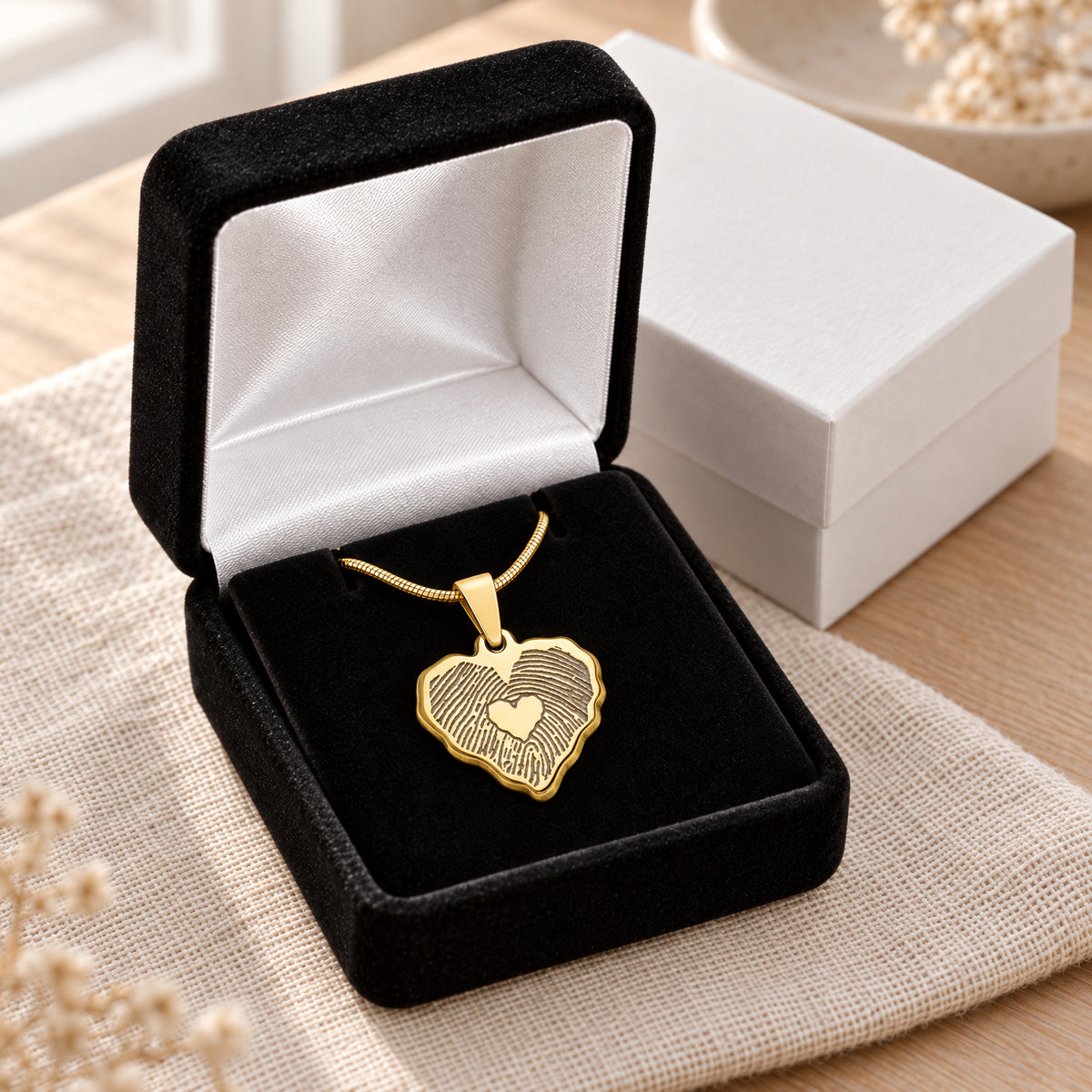 Solid 14K Gold Petite Cut Sterling Heart Fingerprint Necklace with Signature on Back — gift box