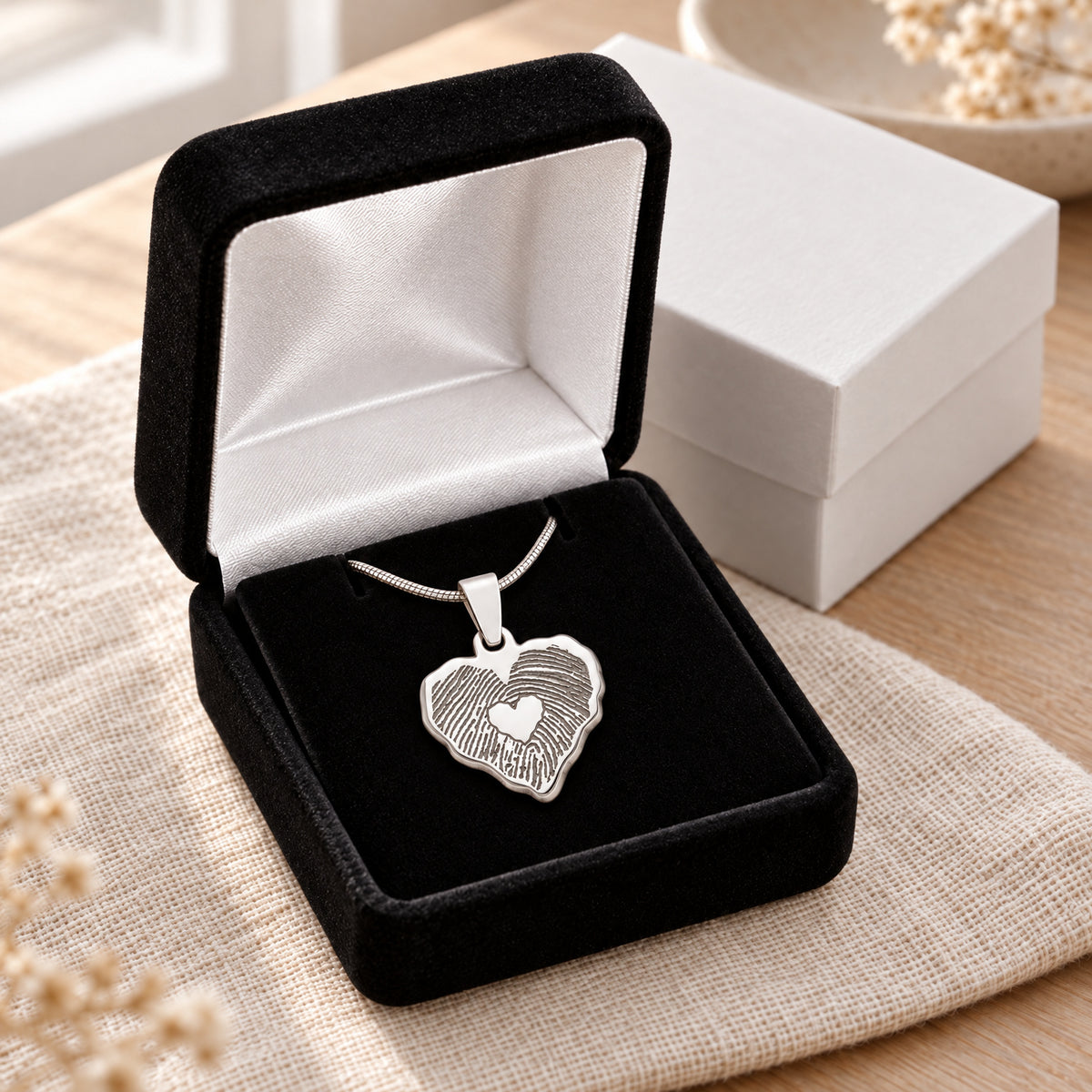Petite Cut Sterling Heart Fingerprint Necklace with Signature on Back — gift box