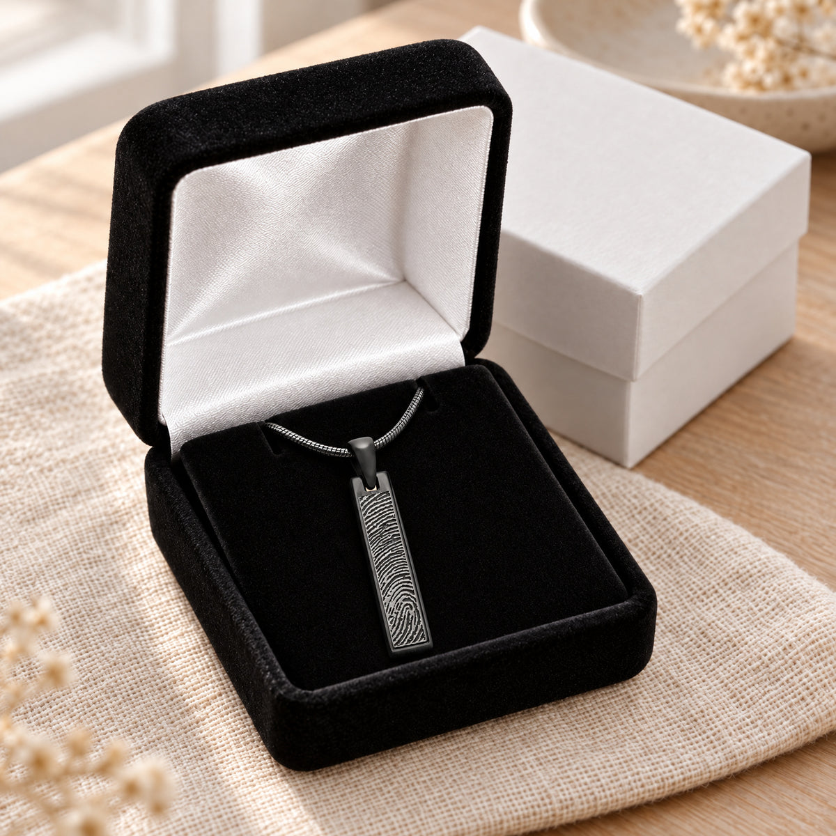 Black Plated Sterling Fingerprint Tiny Bar Necklace with Signature on Back — gift box