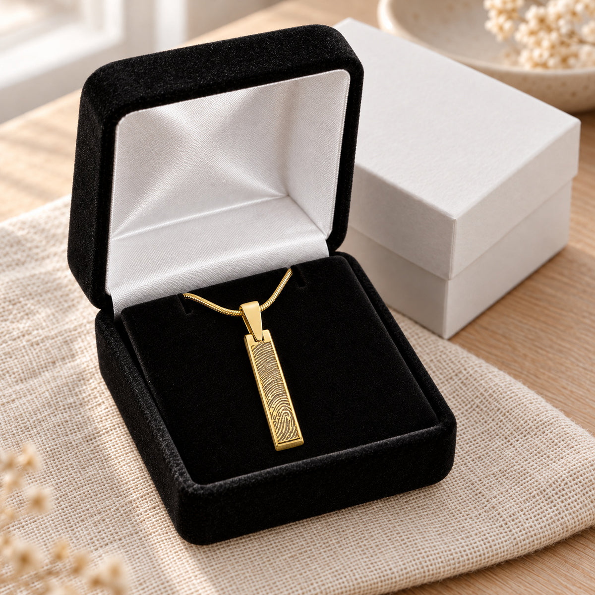 Solid 14K Gold Fingerprint Tiny Bar Necklace with Signature on Back — gift box