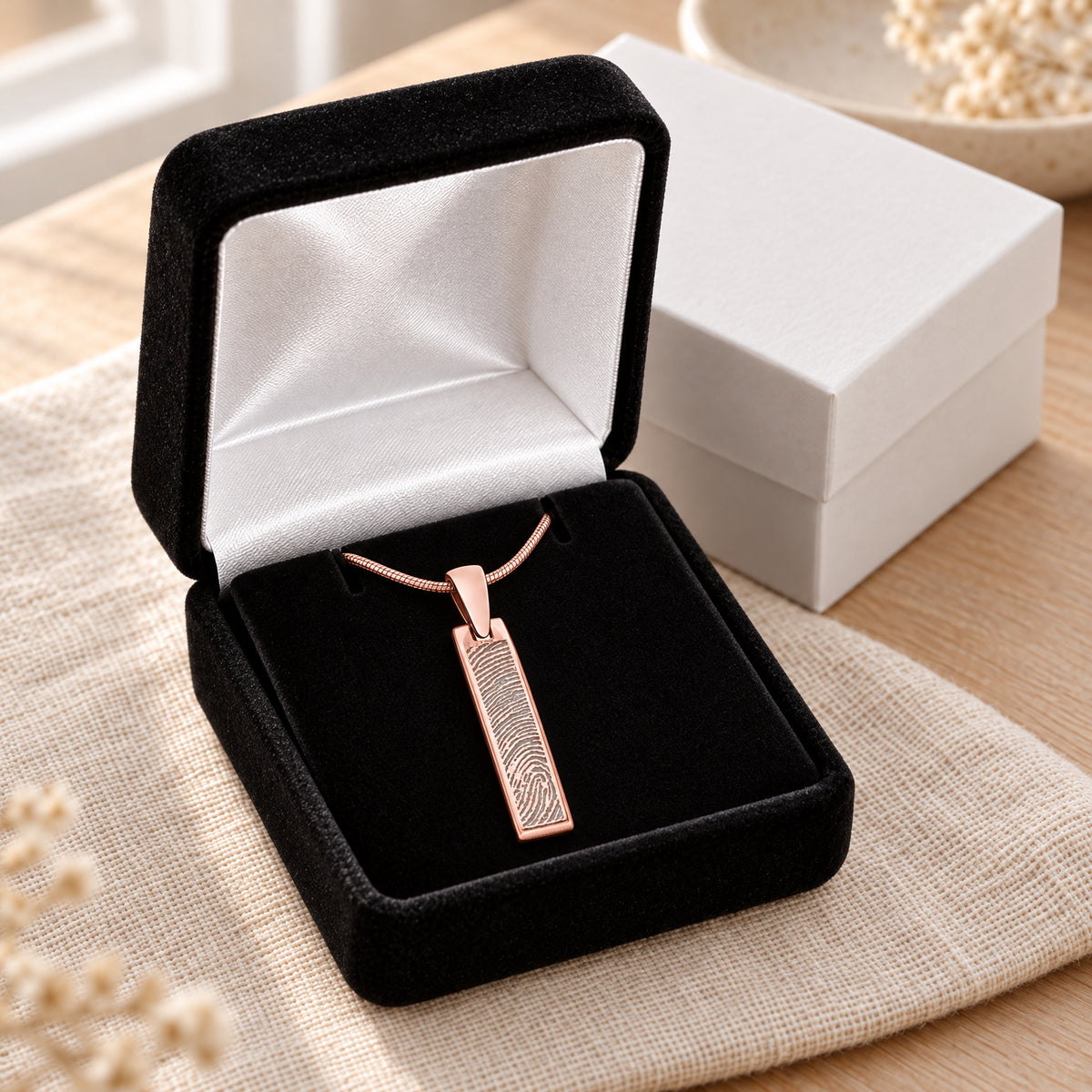 Rose Gold Plated Sterling Fingerprint Tiny Bar Necklace with Signature on Back — gift box