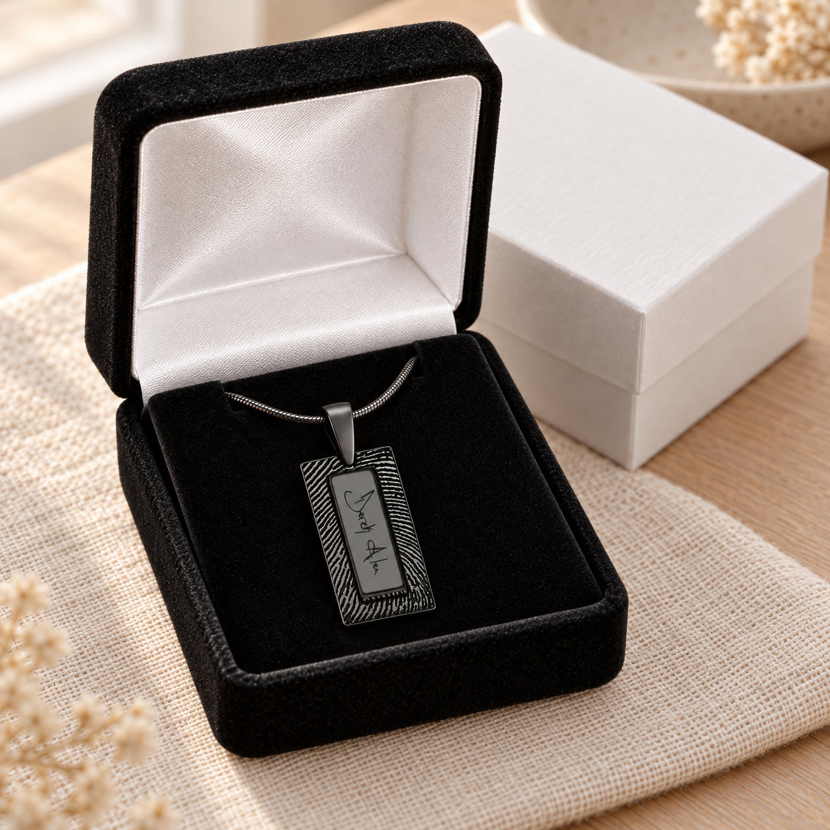 Black Plated Sterling Signature Rectangle Fingerprint Necklace — gift box