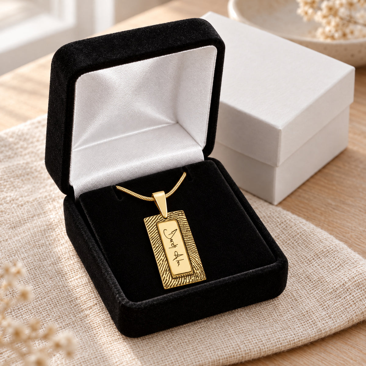 Gold Plated Sterling Signature Rectangle Fingerprint Necklace — gift box