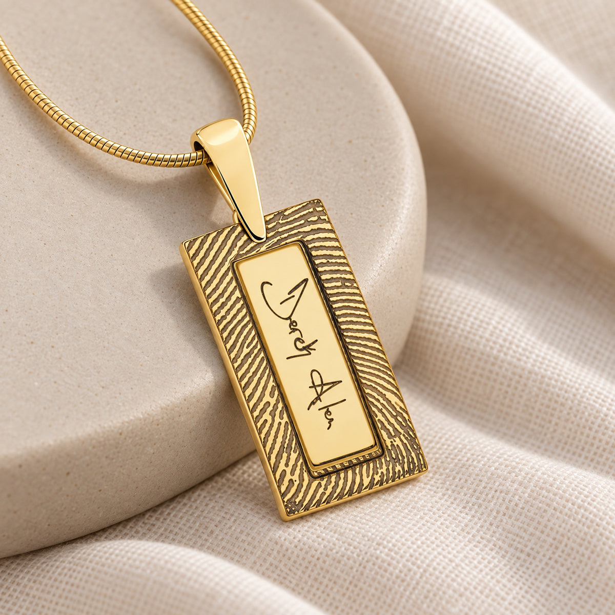 Solid 14K Gold Signature Rectangle Fingerprint Necklace — alternate view