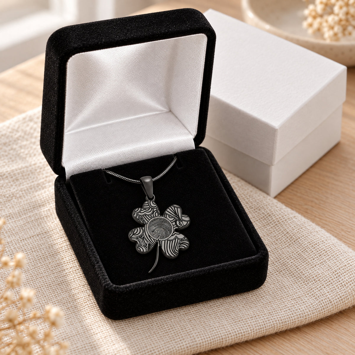 Black Plated Sterling Lucky Clover Fingerprint Necklace — gift box
