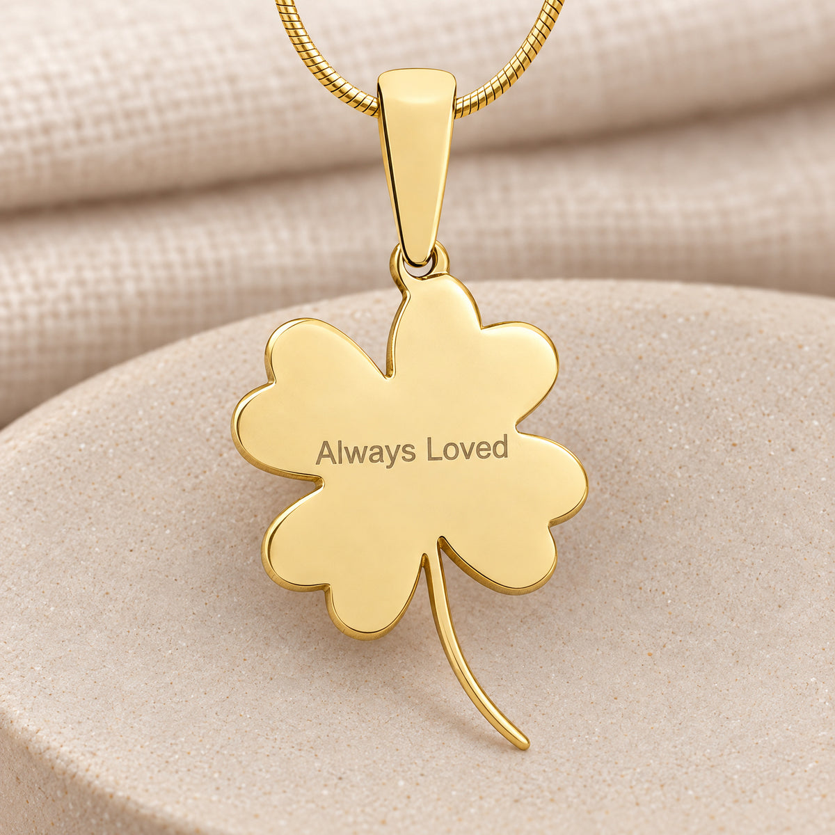 Solid 14K Gold Lucky Clover Fingerprint Necklace — rear engraving