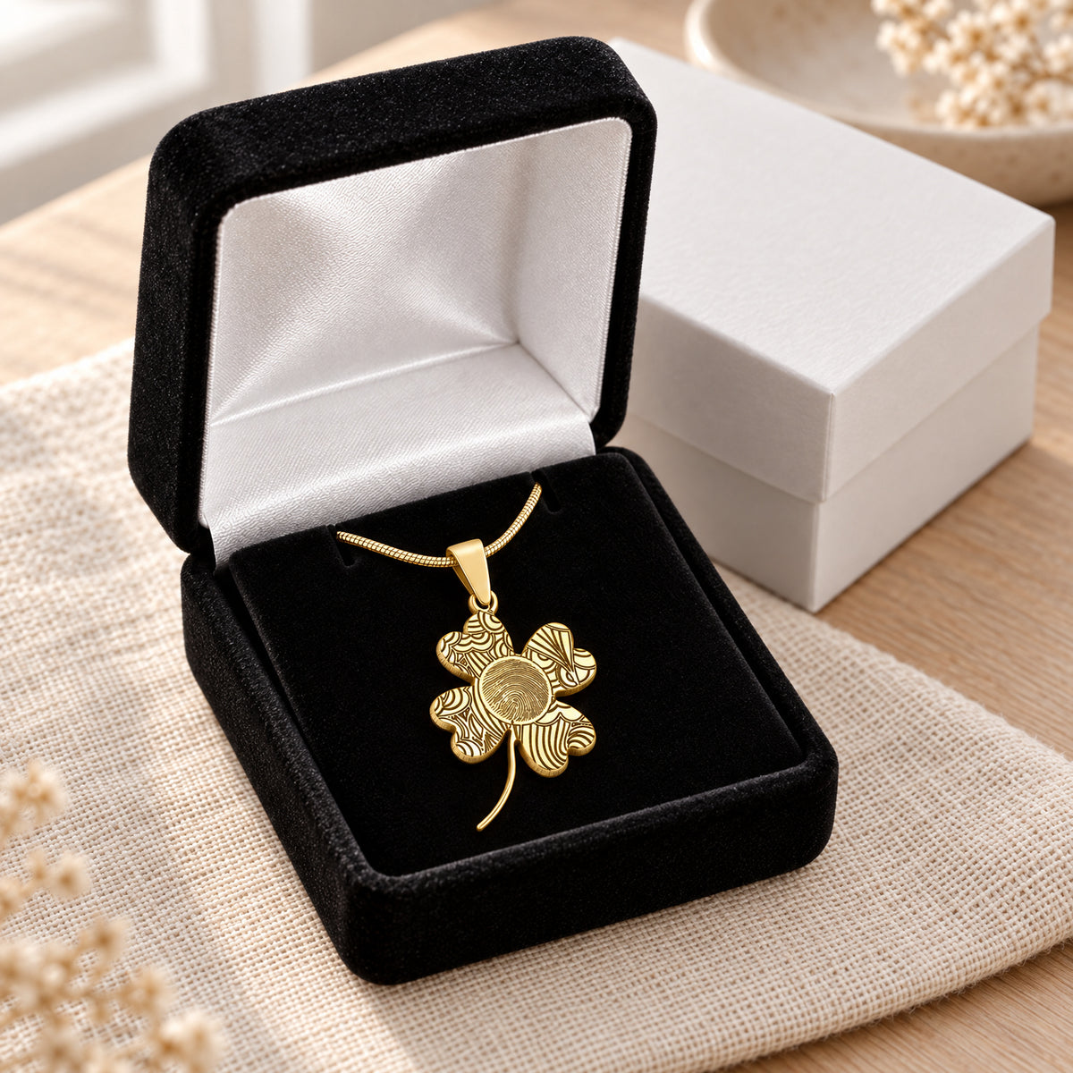 Solid 14K Gold Lucky Clover Fingerprint Necklace — gift box