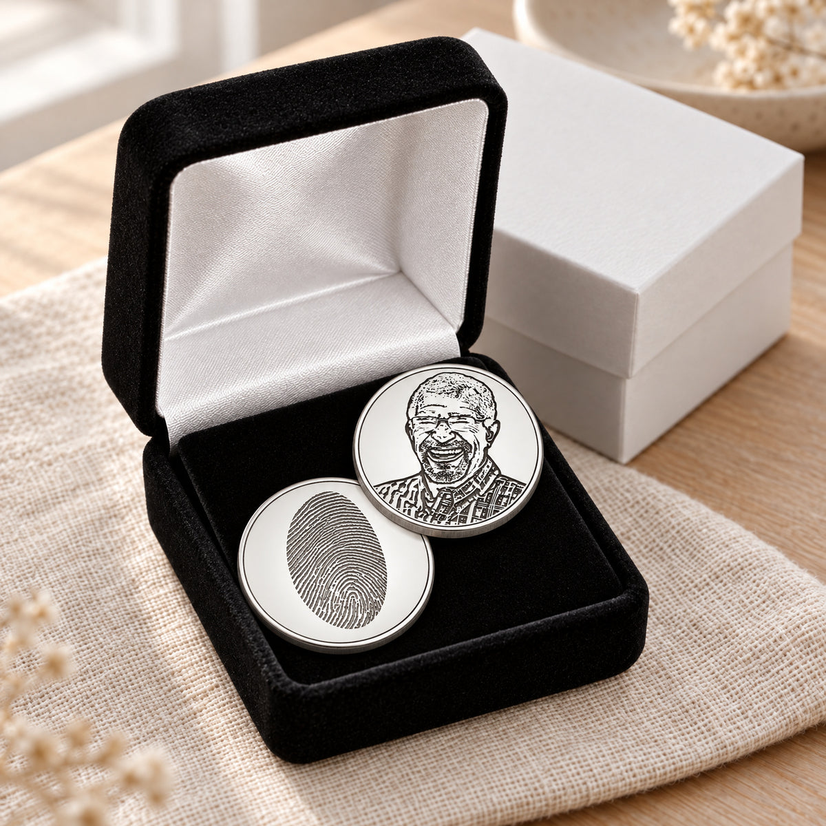 Polished Solid Silver Remembrance Coin with Fingerprint and Photo on Back — gift box