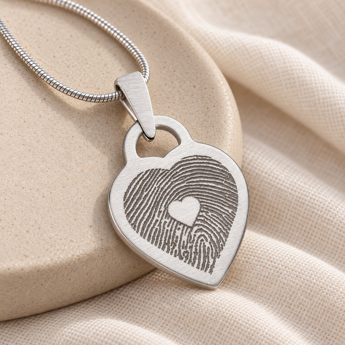 Stainless Small Brushed Heart Fingerprint Necklace — alternate view