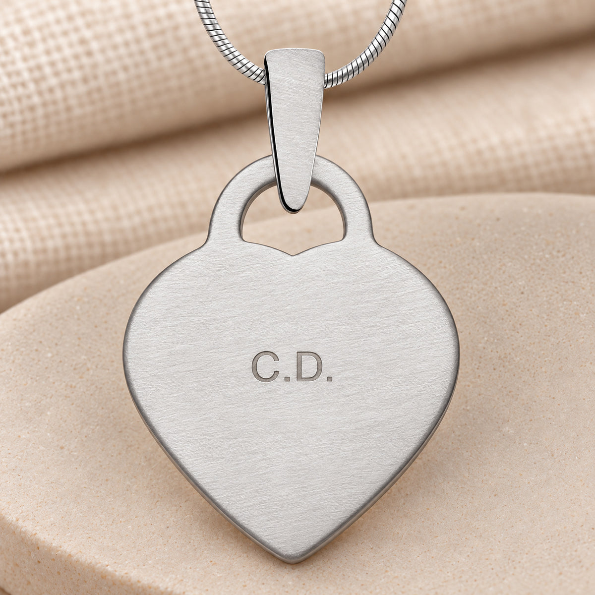 Stainless Small Brushed Heart Fingerprint Necklace — rear engraving