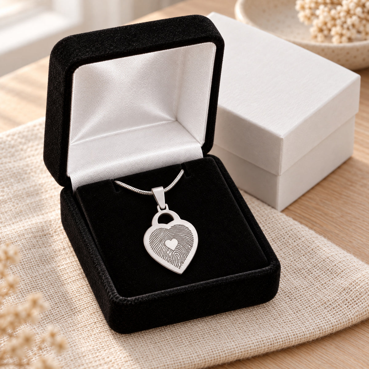 Stainless Small Brushed Heart Fingerprint Necklace — gift box
