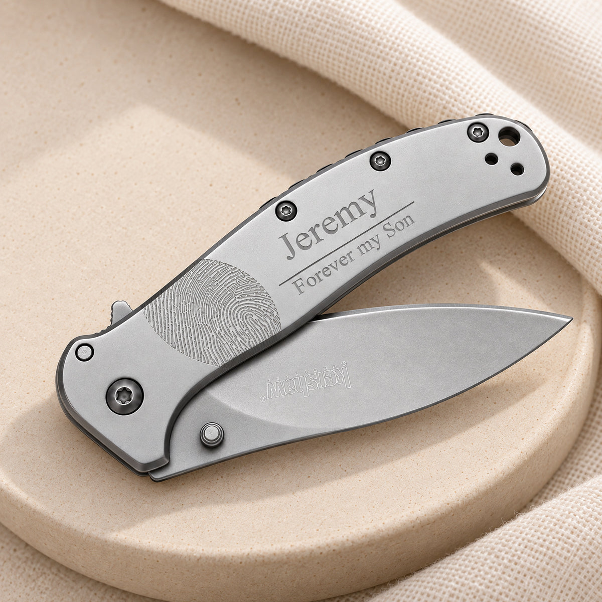 Stainless Steel Remember Me Kershaw Knife with Fingerprint — alternate view