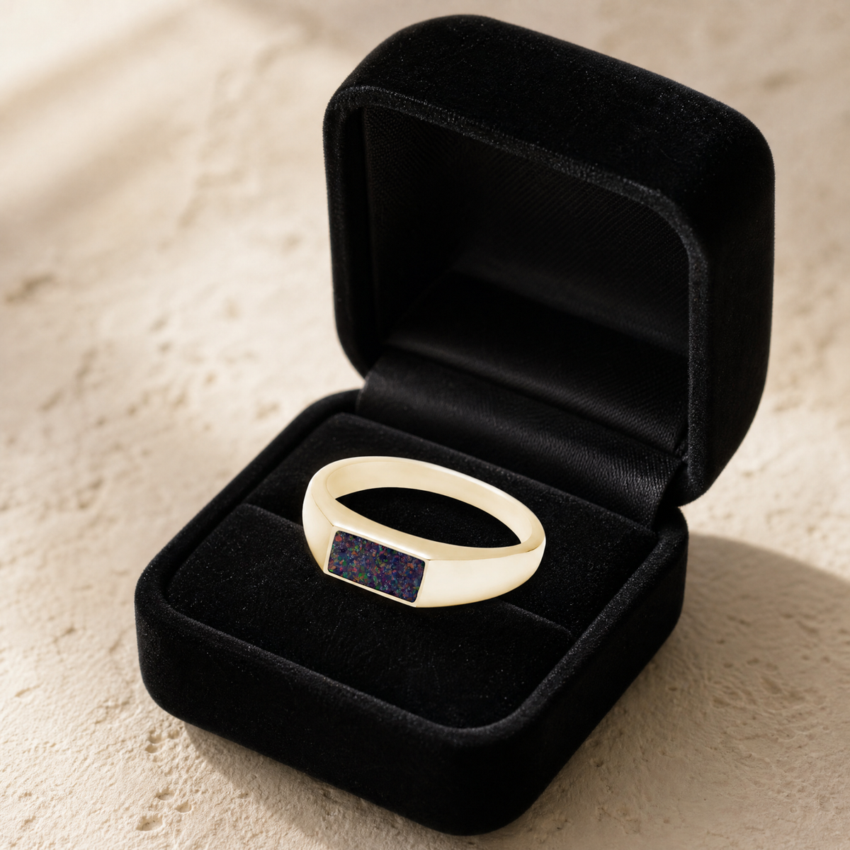 Solid 14K Gold Men's Desoto Ash Ring with Black Flame Opal