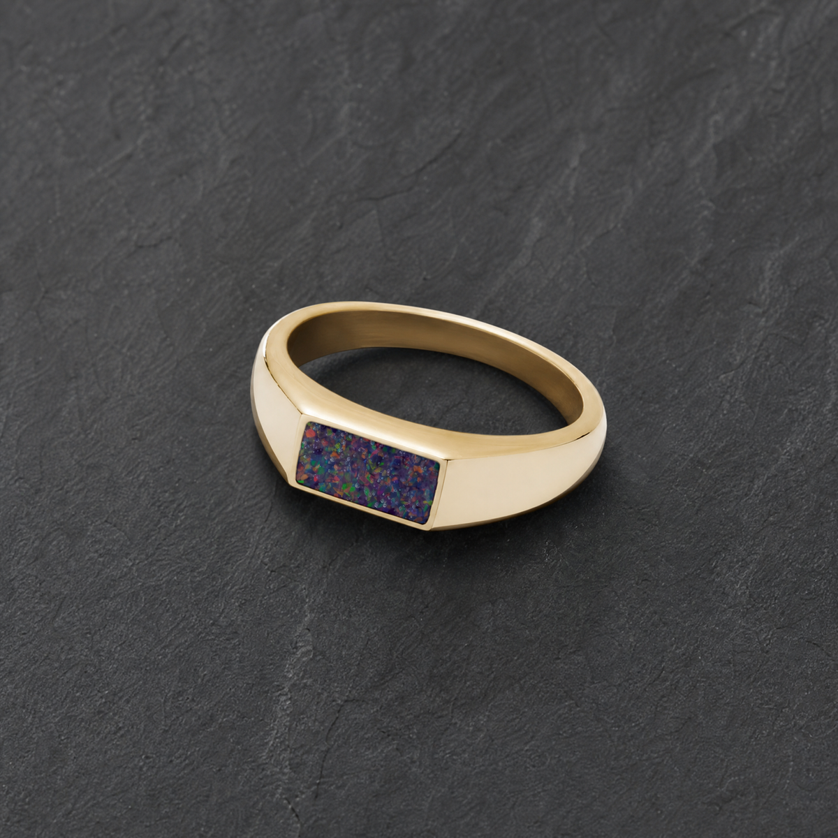 Solid 14K Gold Men's Desoto Ash Ring with Black Flame Opal