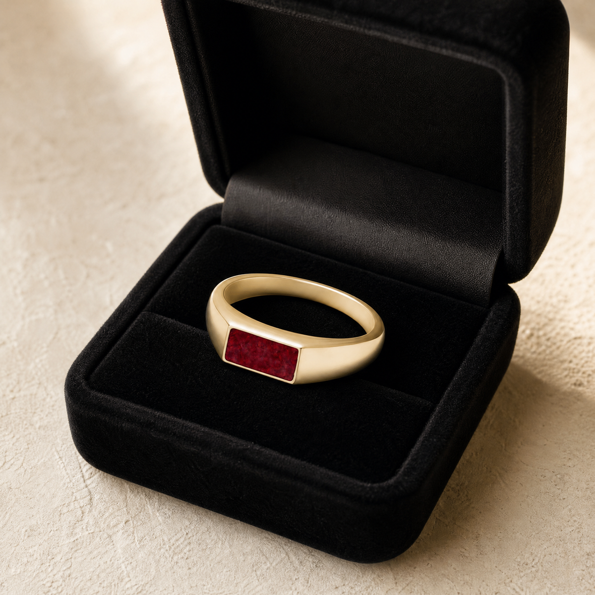 Solid 14K Gold Men's Desoto Ash Ring with Scarlet Pearl Opal