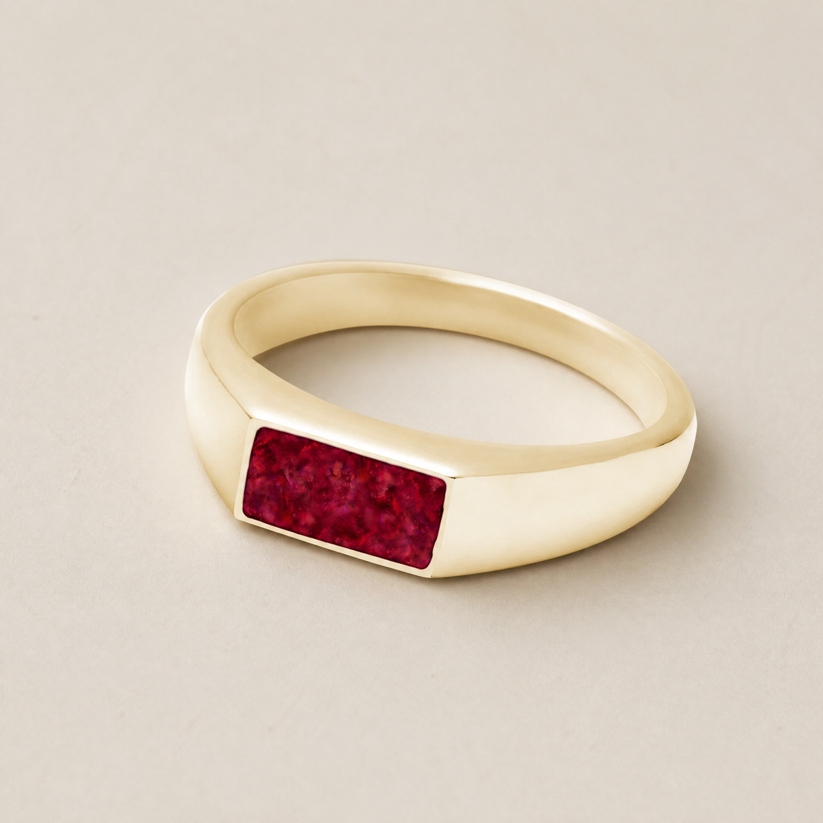 Solid 14K Gold Men's Desoto Ash Ring with Scarlet Pearl Opal
