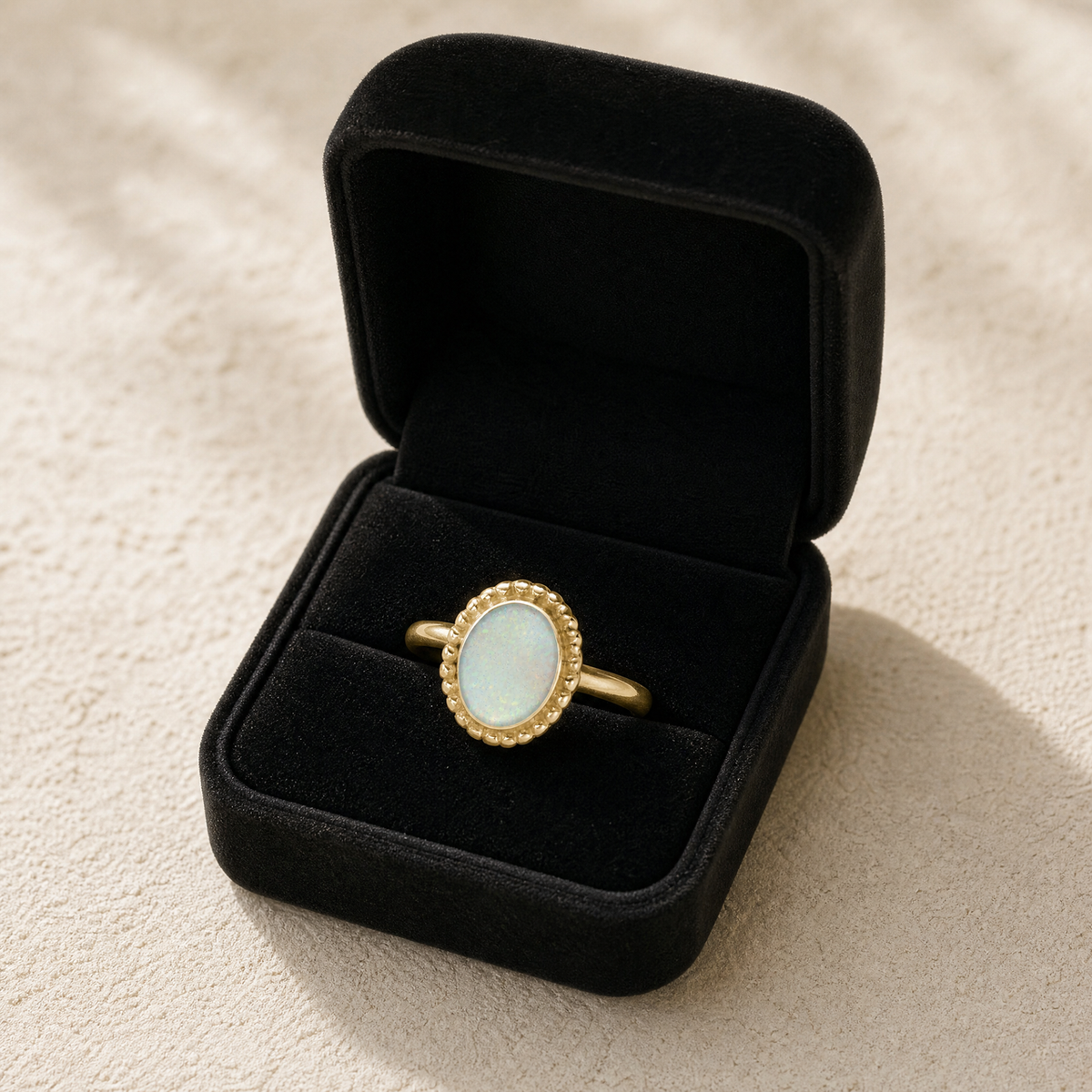 Solid 14K Gold Women's Bethany Ash Ring with Crushed Cream Opal
