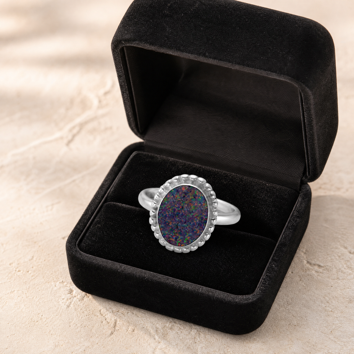 Women's Sterling Silver Bethany Ash Ring with Black Flame Opal