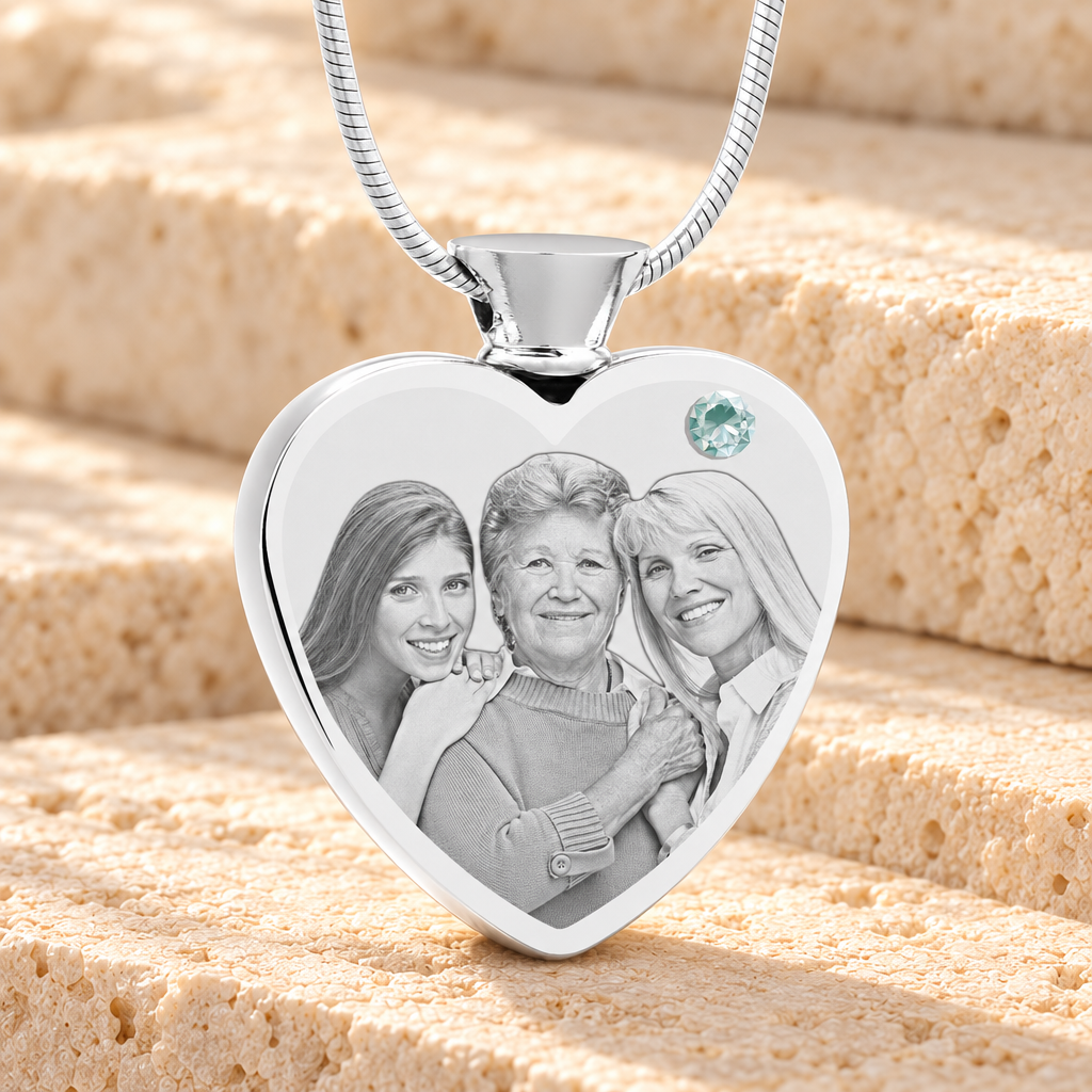April Birthstone Heart Stainless Steel Picture Engraved Ash Pendant — main product image