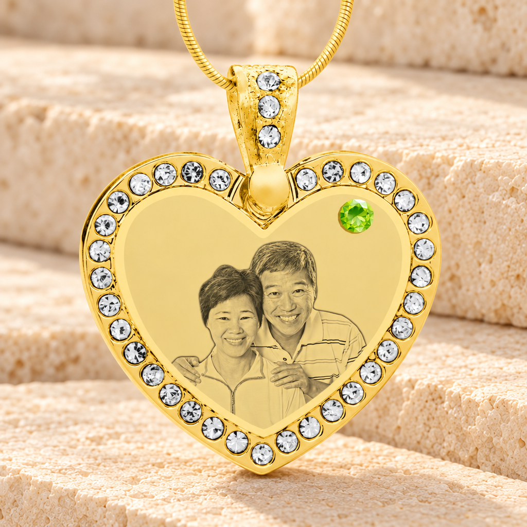 Birthstone Gem Heart August Photo Engraved Gold Plated over Stainless Keepsake — main product image