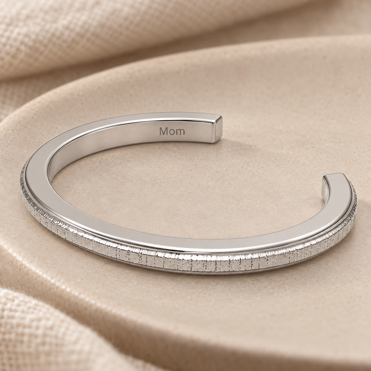 Solid 14K White Gold Textured Cuff Forever Sealed Memorial Bracelet — rear engraving — evr20046wgfs
