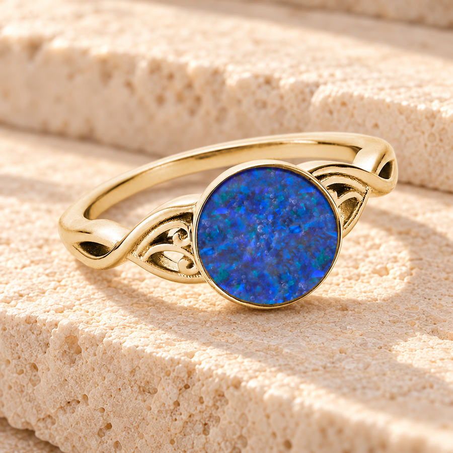 Solid 14K Gold Women's Katina Ash Ring with Opal Blue Waters
