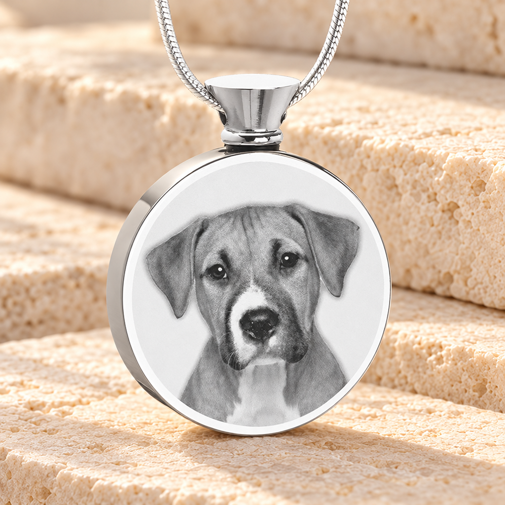 Round Stainless Steel Photo Engraved Pet Ash Pendant — main — evr6413ss