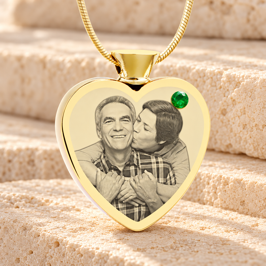 May Birthstone Heart Gold Plated Photo Engraved Ash Pendant