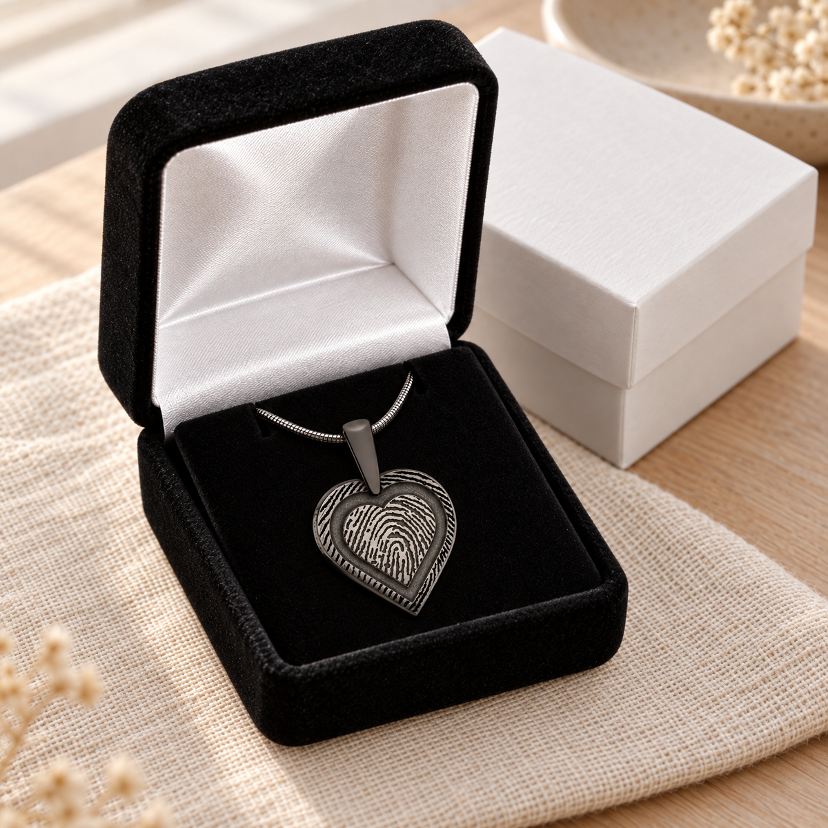 Classic Heart Black Plated Fingerprint Necklace — gift box — evr4718bl