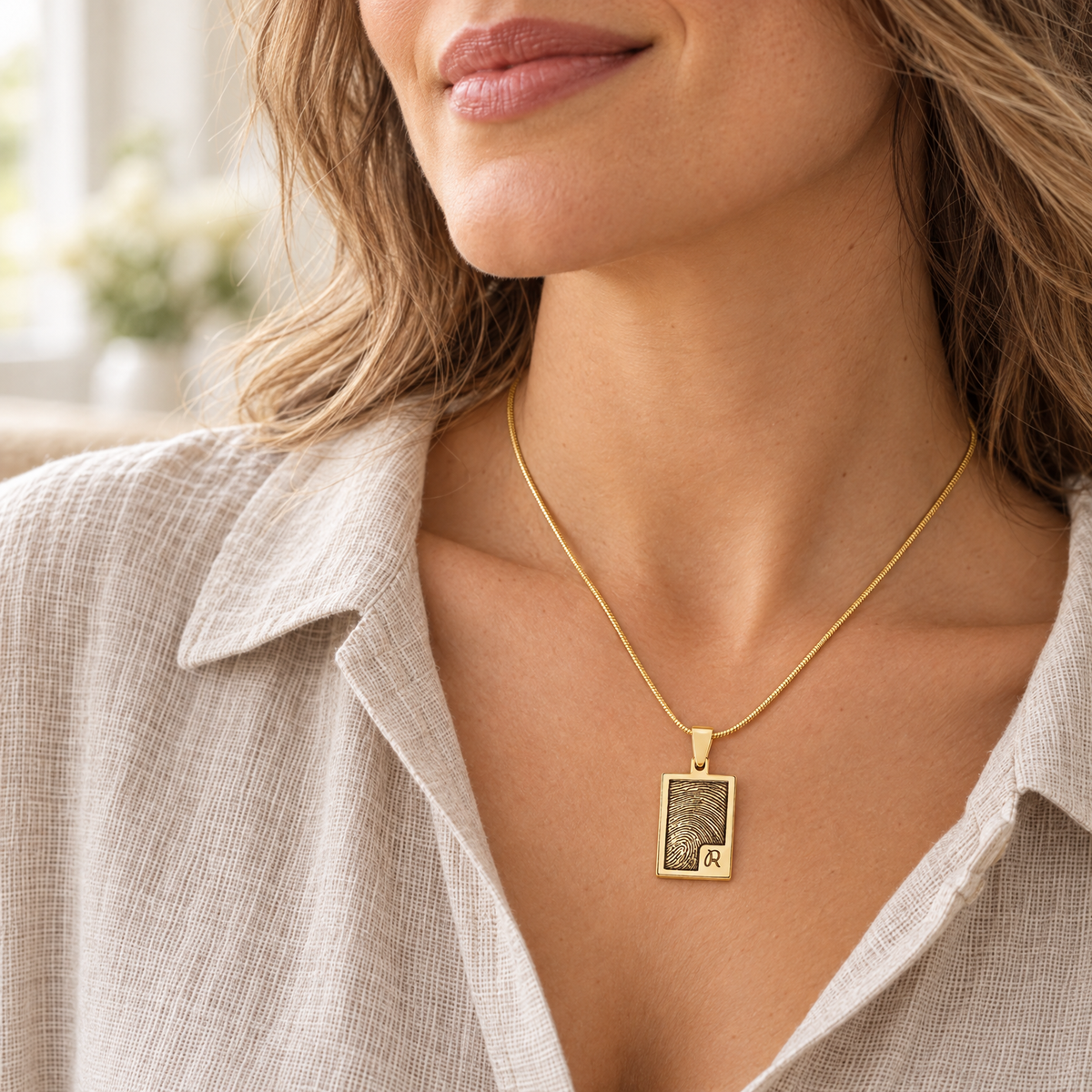 Gold Plated Sterling Silver Simple Rectangle Fingerprint Necklace — lifestyle — evr4828g