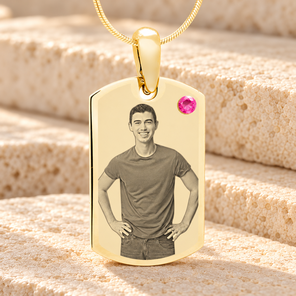 Birthstone Small Dog Tag October Gold Plated over Stainless Steel Photo Pendant — main product image