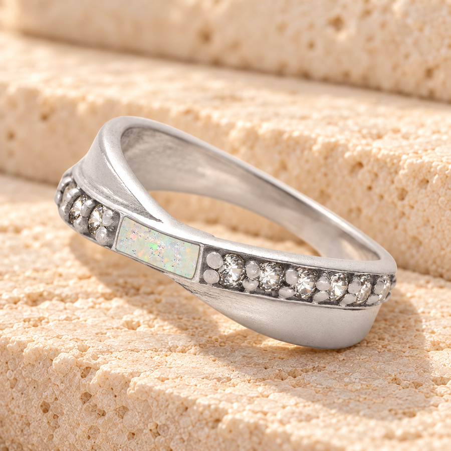 Women's Sterling Silver Claiborne Ash Ring with Crushed Cream Opal