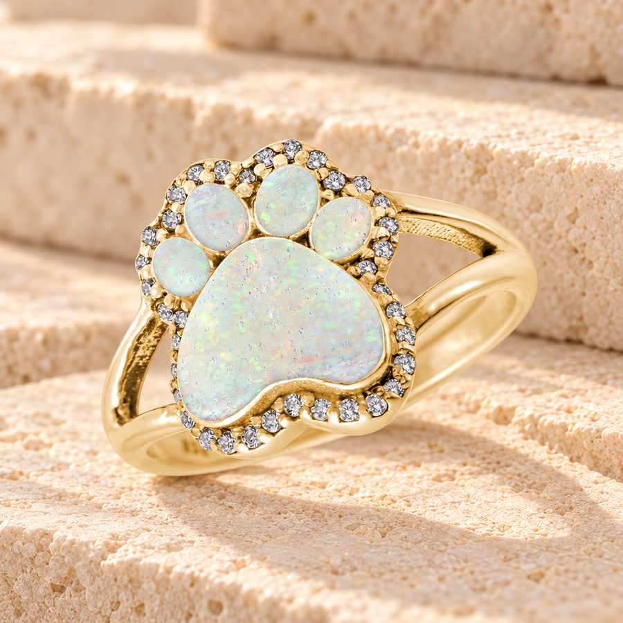 Solid 14K Gold Women's Paw Print Ash Ring with Crushed Cream Opal