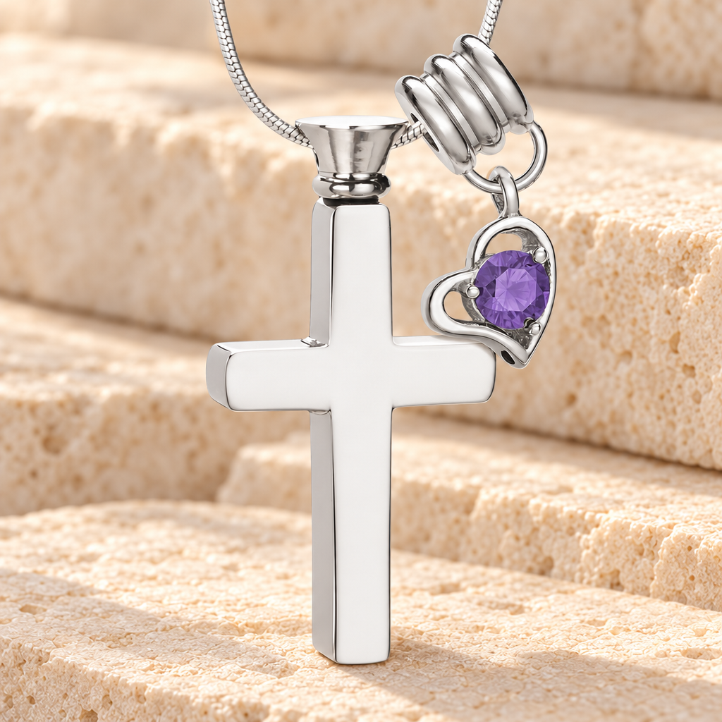February Remembrance Cross Locket Necklace — main — evr1023feb