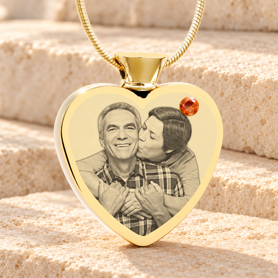 November Birthstone Heart Gold Plated Photo Engraved Ash Pendant