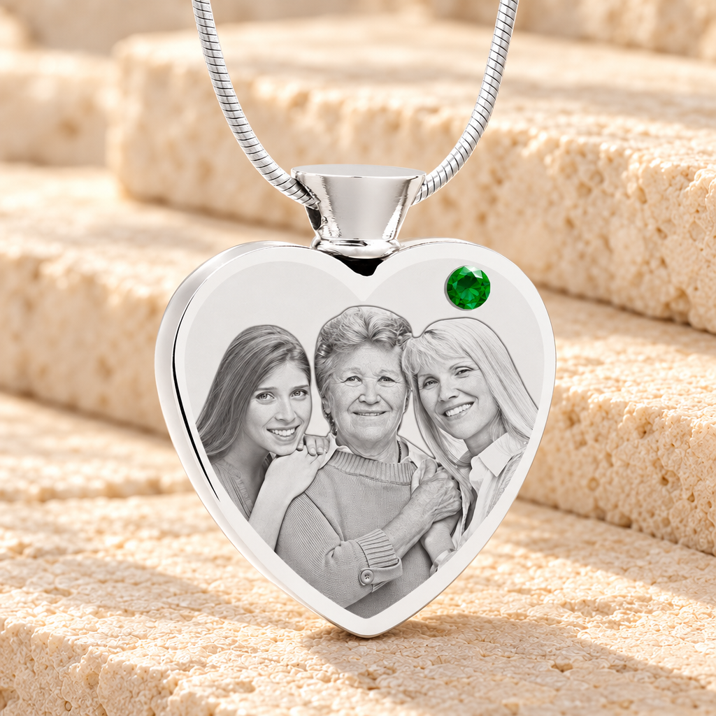 May Birthstone Heart Stainless Steel Picture Engraved Ash Pendant — main product image