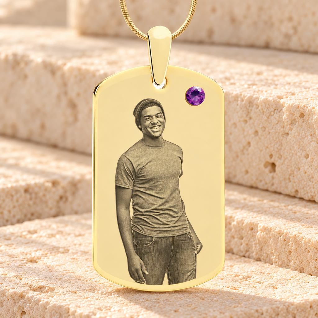 Birthstone Large Dog Tag February Photo Engraved Gold Plated over Stainless Keepsake — main product image