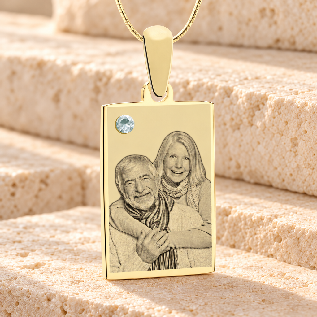 Birthstone Rectangle April Photo Engraved Gold Plated over Stainless Keepsake — main product image