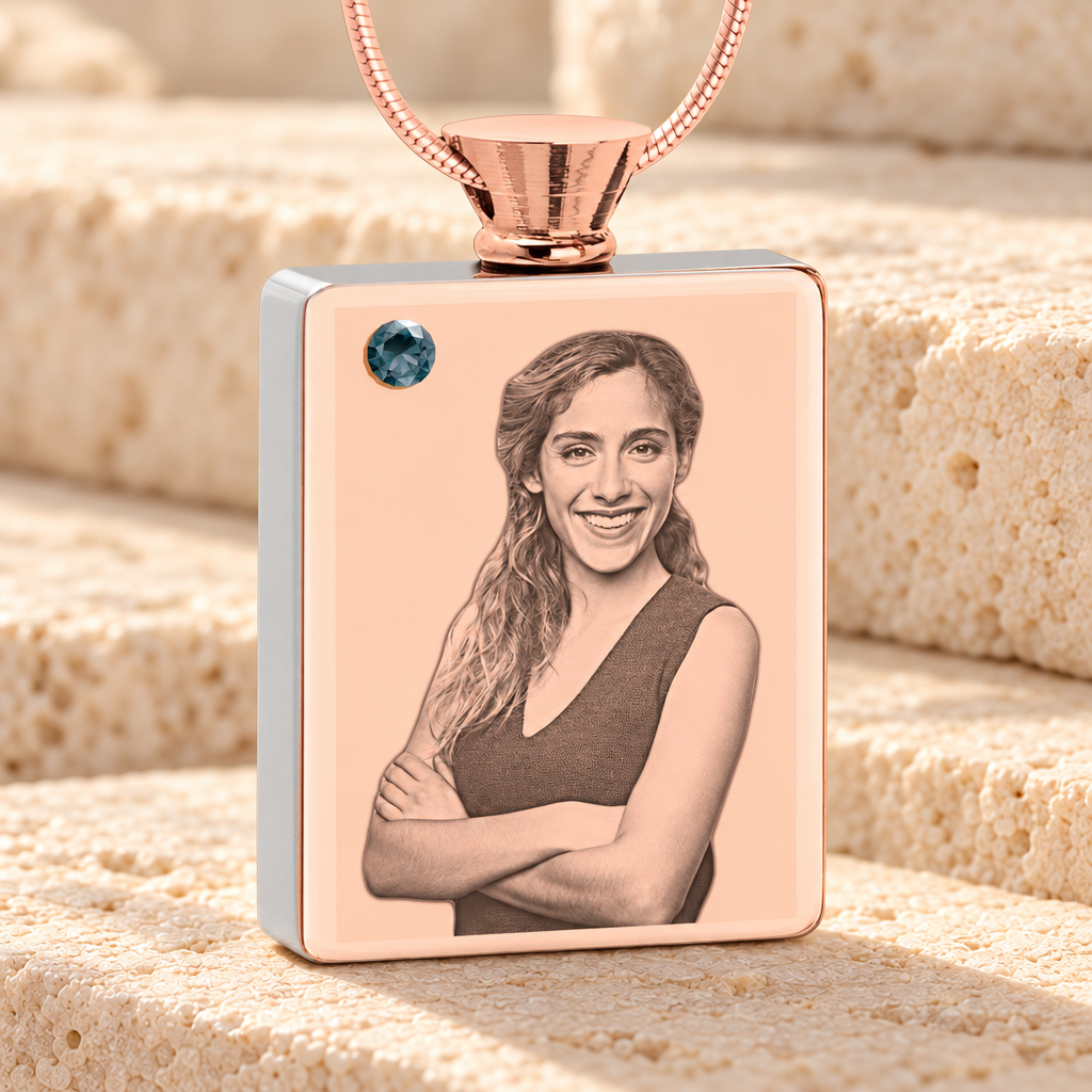 December Birthstone Rectangle Rose Gold Plated Photo Engraved Ash Pendant — main product image