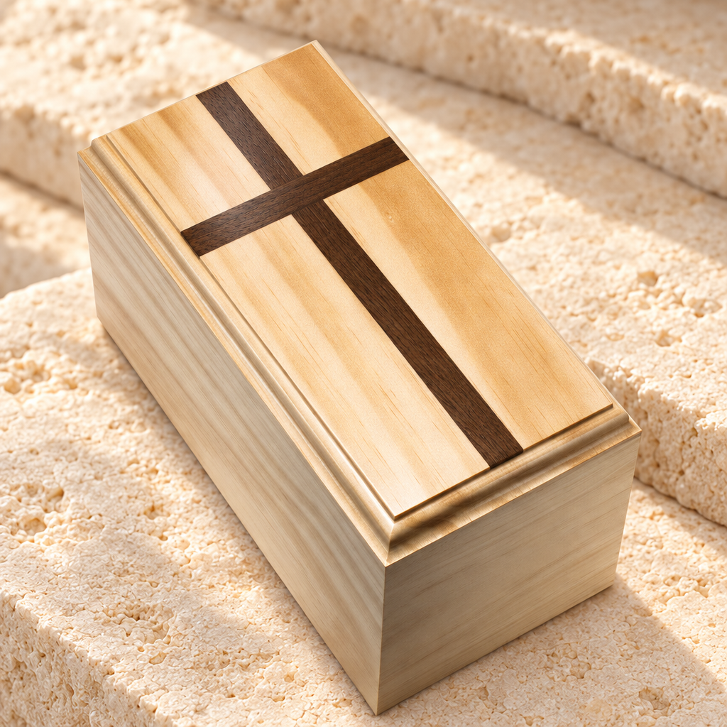 Traditional Pine Cremation Urn w/ Walnut Cross — main — evr9142